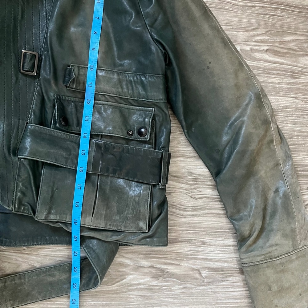 Diesel Liquid Space Hooded Leather Jacket Green Distressed Utility Belted Small - Picture 9 of 10